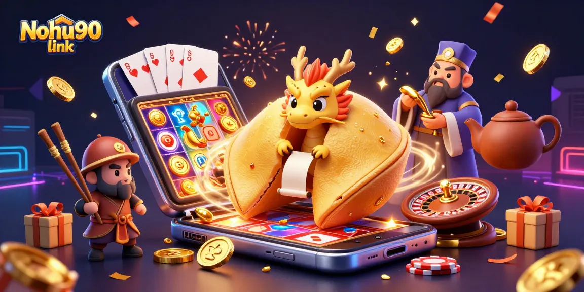 Spin winning slots with Nohu90 link, featuring vibrant games and animated golden fortune cookie scene.