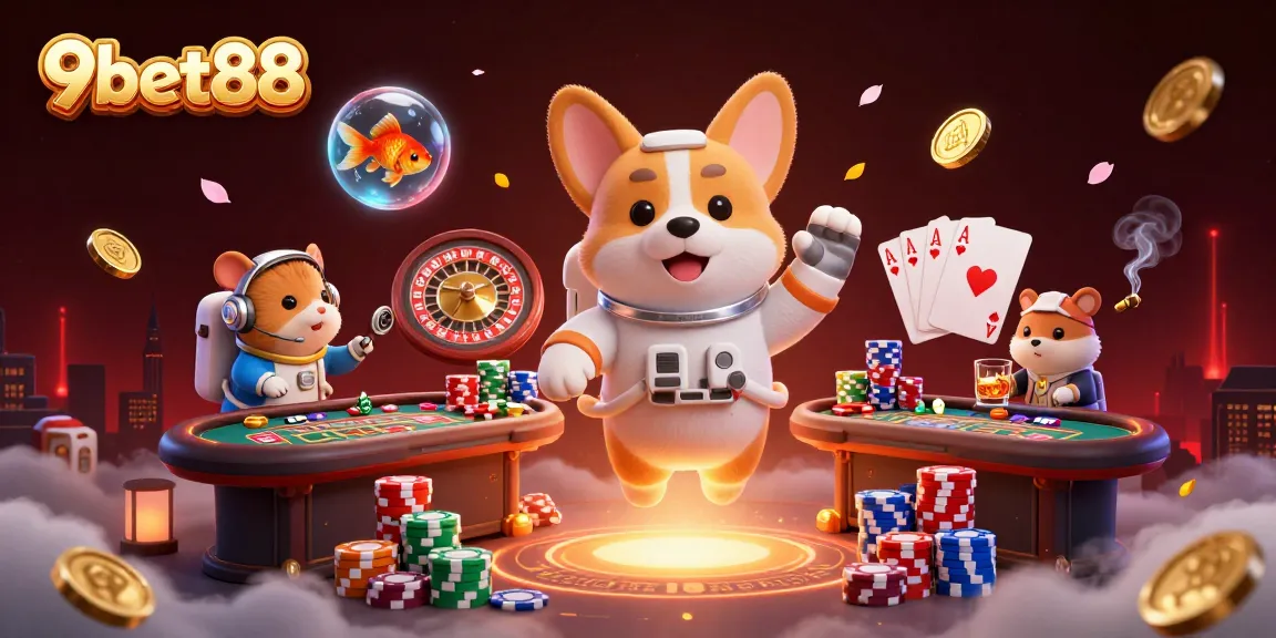 Experience thrilling action at 9bet88 with an astronaut corgi and exciting casino games in a vibrant scene.