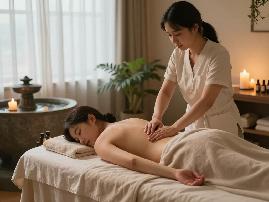 편안한 분위기와 숙련된 치료사가 있는 스파에서의 Relaxing 논현동마사지 장면.