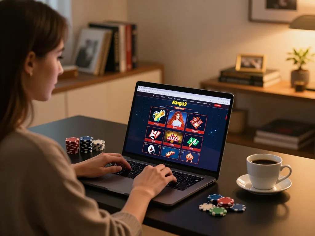 Playing casino games on king33 online platform with chips and coffee, showcasing responsible gaming.