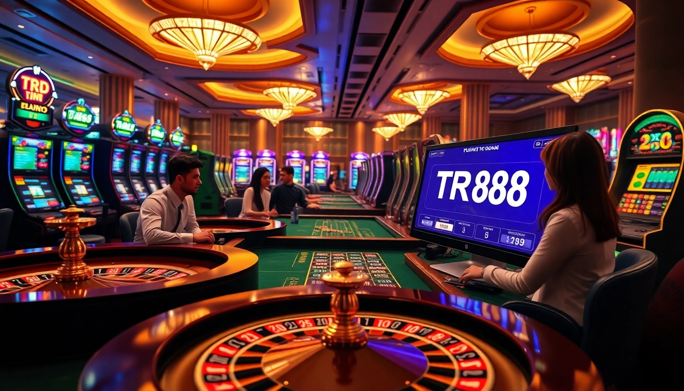 Experience high-stakes gambling with TR88 trang chủ as players strategize at roulette tables and slot machines.