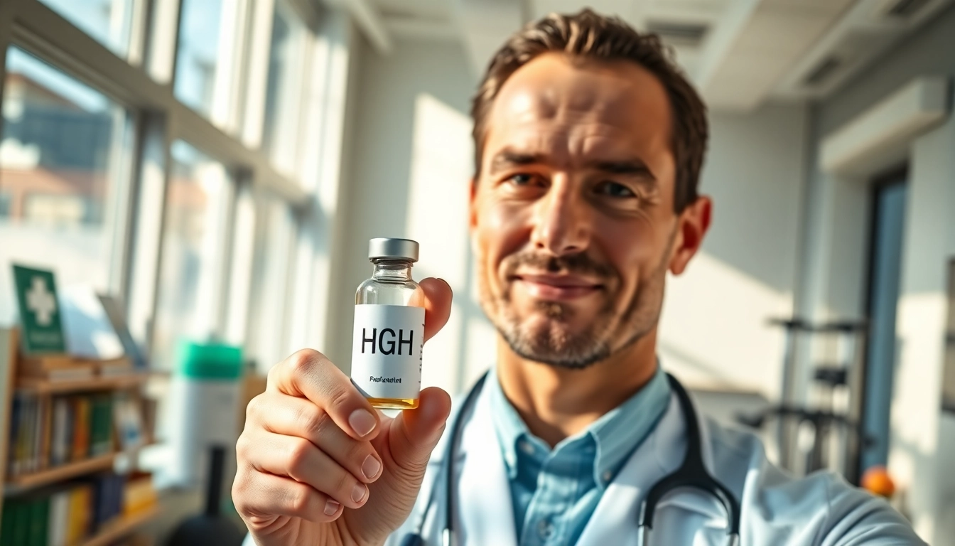 Buy HGH online easily with a confident individual showcasing vitality in a clinical setting.
