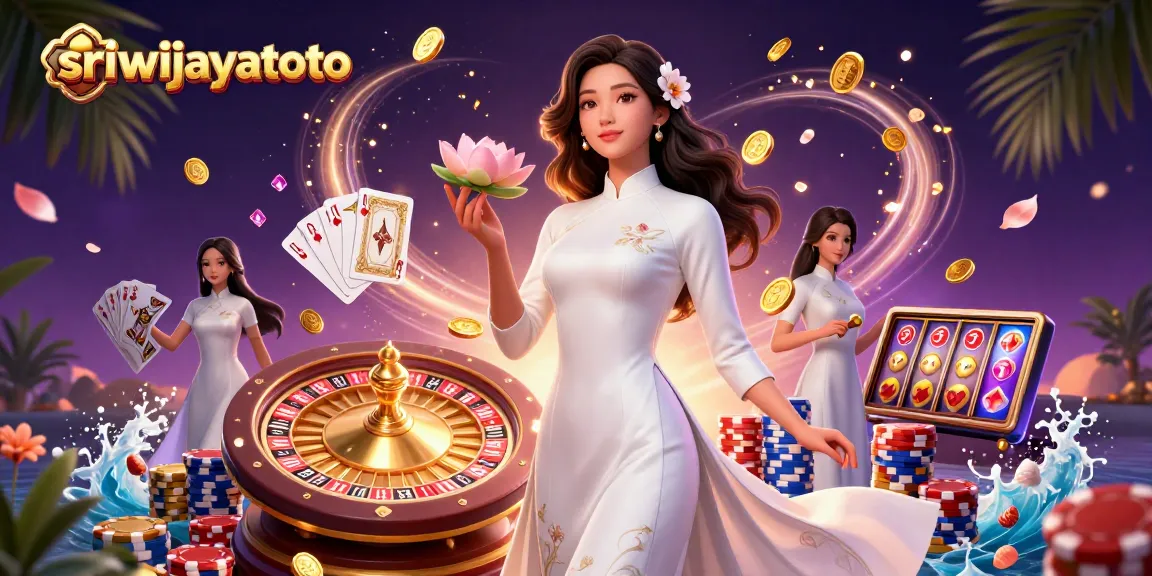 Sriwijayatoto showcases an elegant Asian woman in a vibrant casino scene, symbolizing winning opportunities.