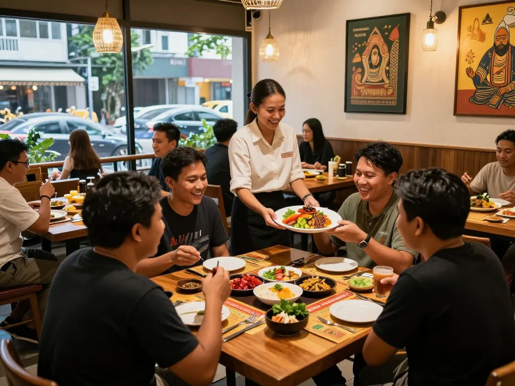 Exciting dining atmosphere at POKERSERI with happy diners and traditional dishes.