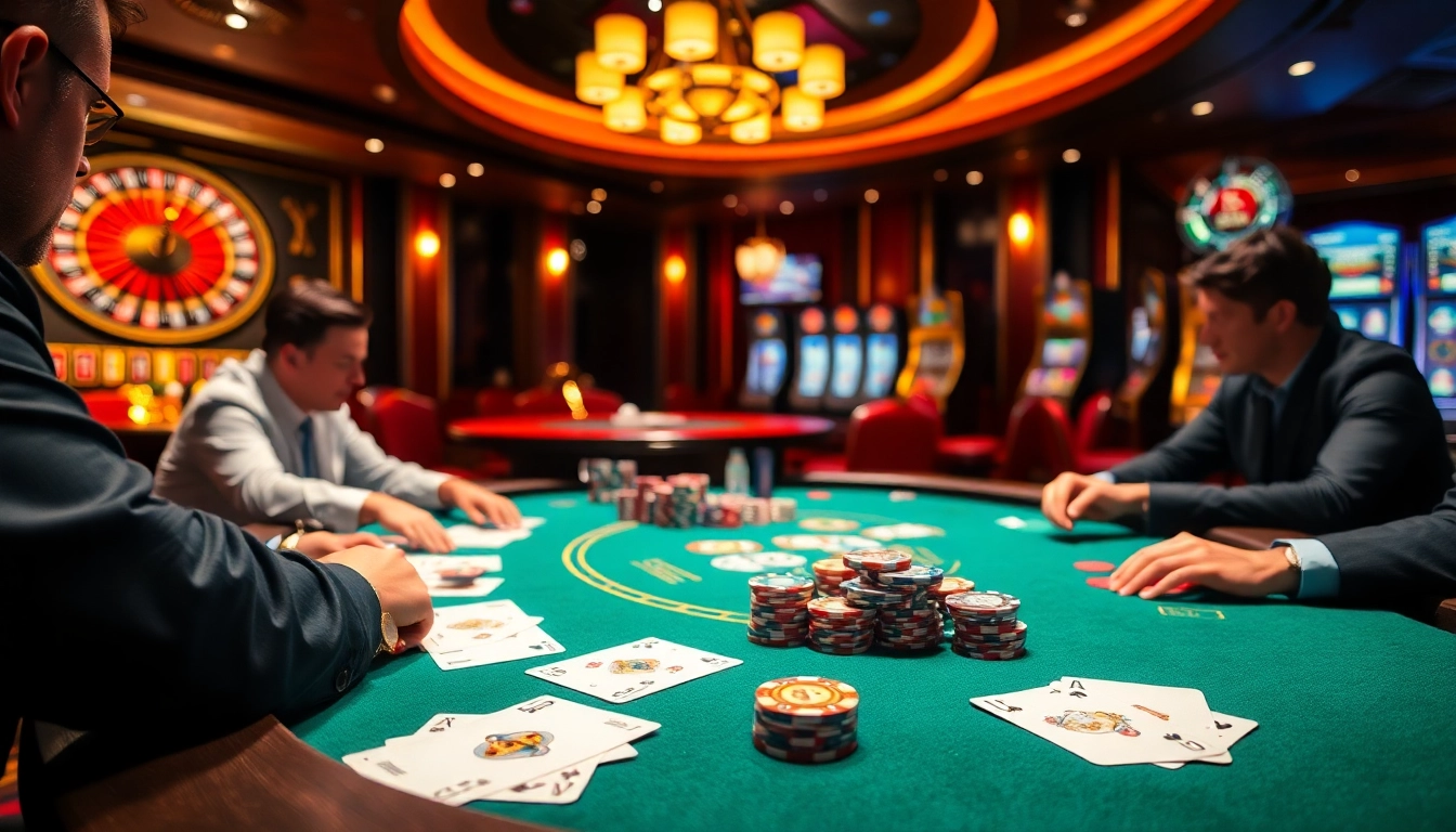 Players engaging in an intense game of idn poker at a vibrant casino table.