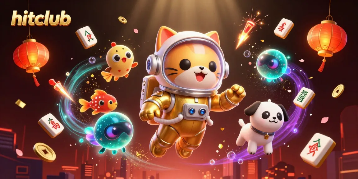 Experience hitclub's vibrant gambling universe with an illustrated scene of a golden astronaut cat and stunning cosmic elements.