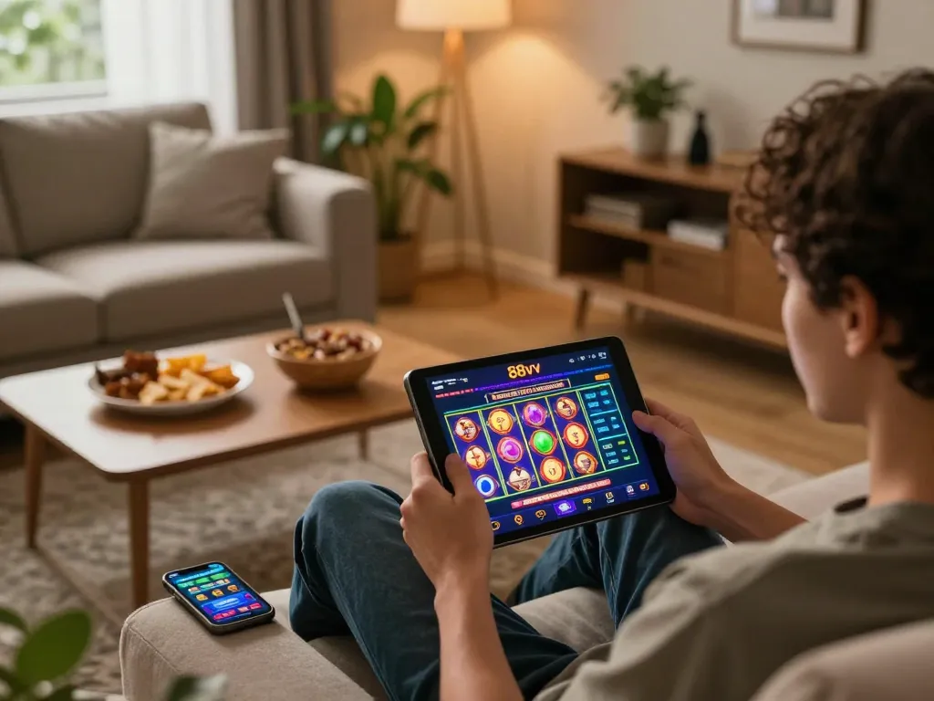 Player enjoying 88vv casino games on tablet in a warm home setting, showcasing responsive interface and relaxed atmosphere