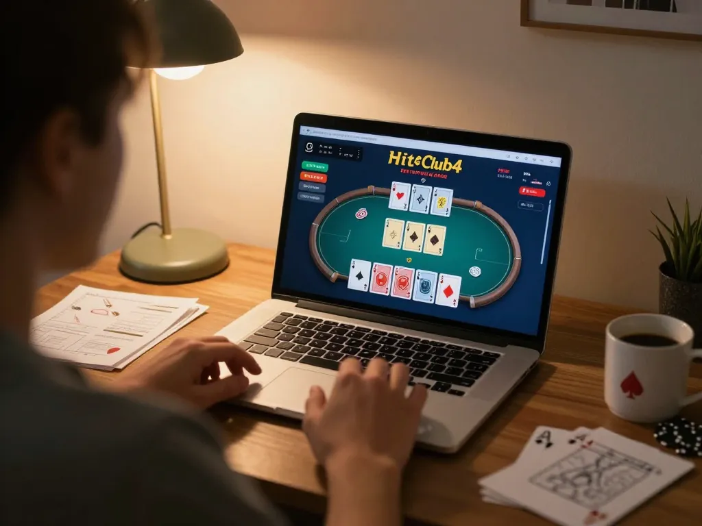 Person enjoying hitclub4 online poker game with a laptop, emphasizing strategic gameplay.