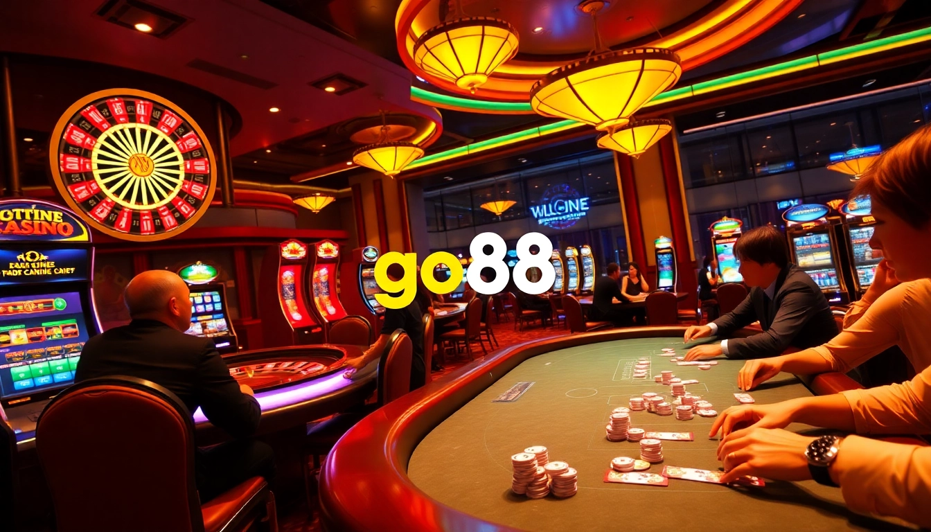 Engaging scene of gamblers at a casino showcasing the vibrant atmosphere of go88 gaming.