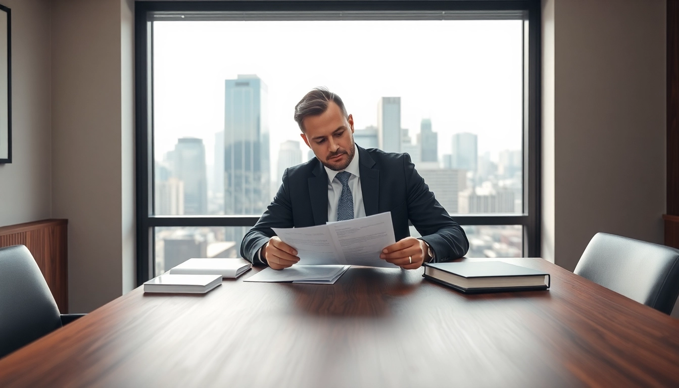 Engaging probate lawyer reviewing documents attentively in a bright office setting.