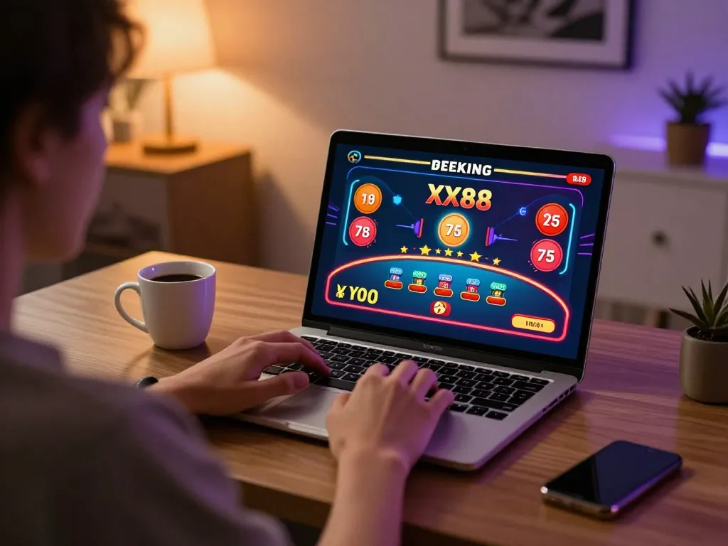 Engaging online gaming experience with XX88, showing a player on laptop enjoying casino games