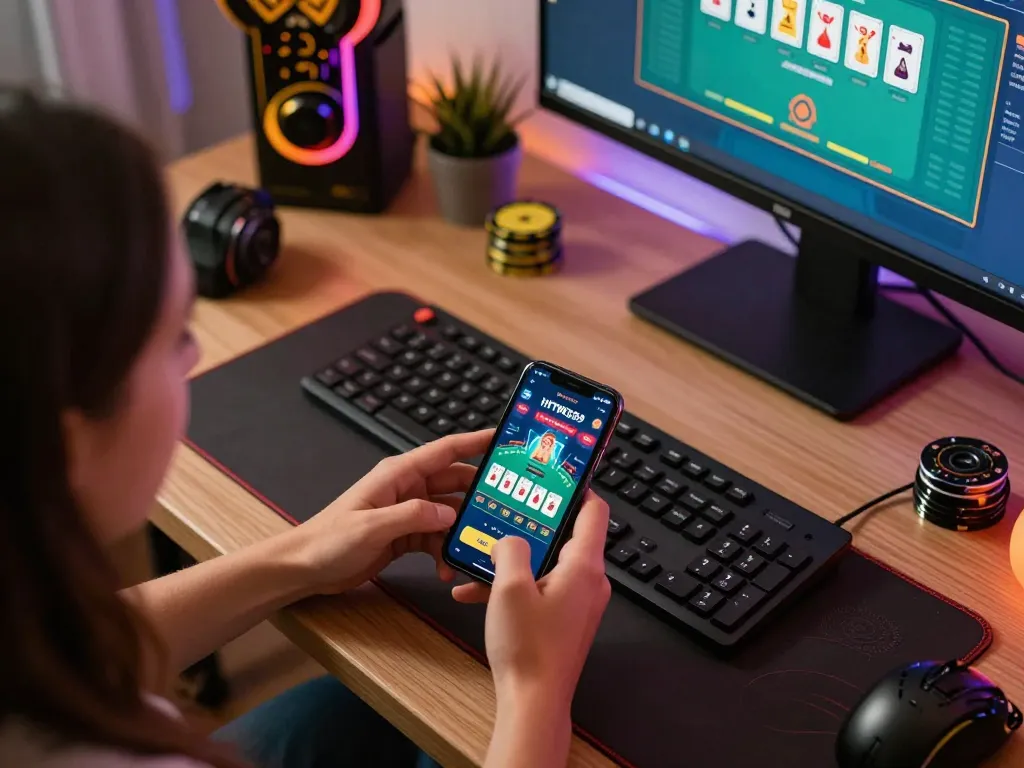Engaging player using the HYTW3339 app for blackjack on their smartphone, surrounded by stylish gaming setup.