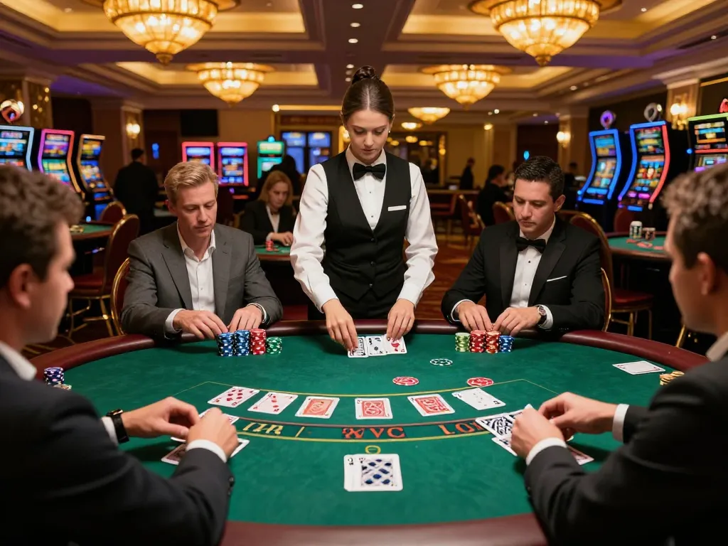 98win players strategizing at a blackjack table, intense gaming action captured in a vibrant casino.