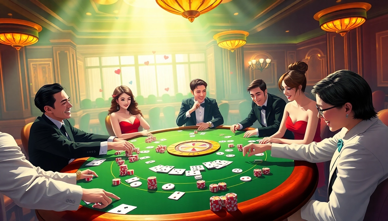 Cổng game B52 table with players enjoying Poker and Tài xỉu in a luxurious casino setting.
