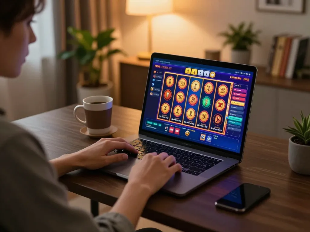 Engaging online gaming experience on 92slot with vibrant slot machine reels and cozy ambiance.