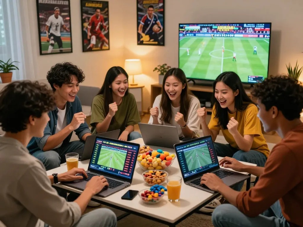 Friends excitedly analyzing kèo nhà cái odds while enjoying snacks in a modern living room.