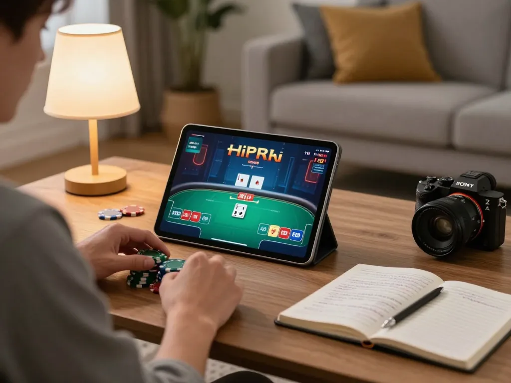 Engaging in a slot demo session on a tablet with strategic notes visible, offering players an immersive online casino experience.