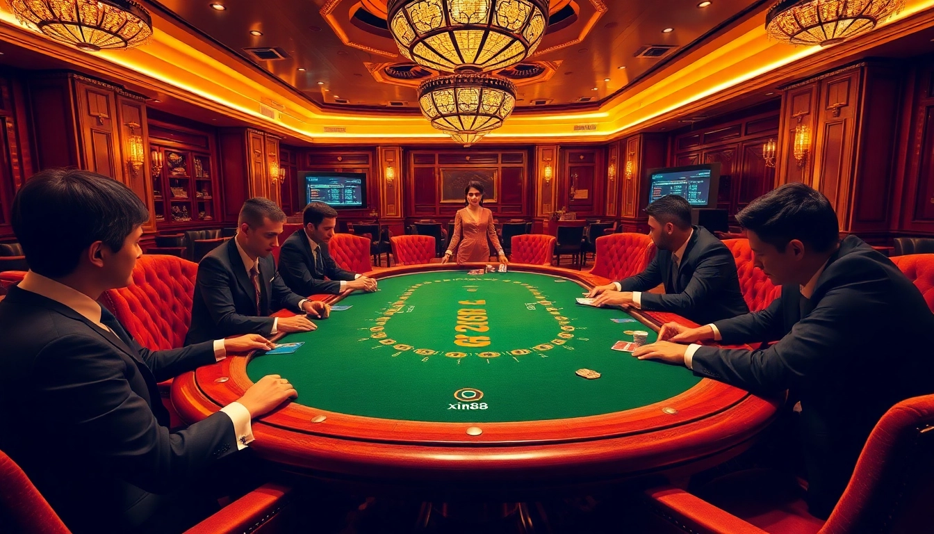 A classy poker game scene depicting players at a xin88 casino table, showcasing chips and cards in a luxurious setting.