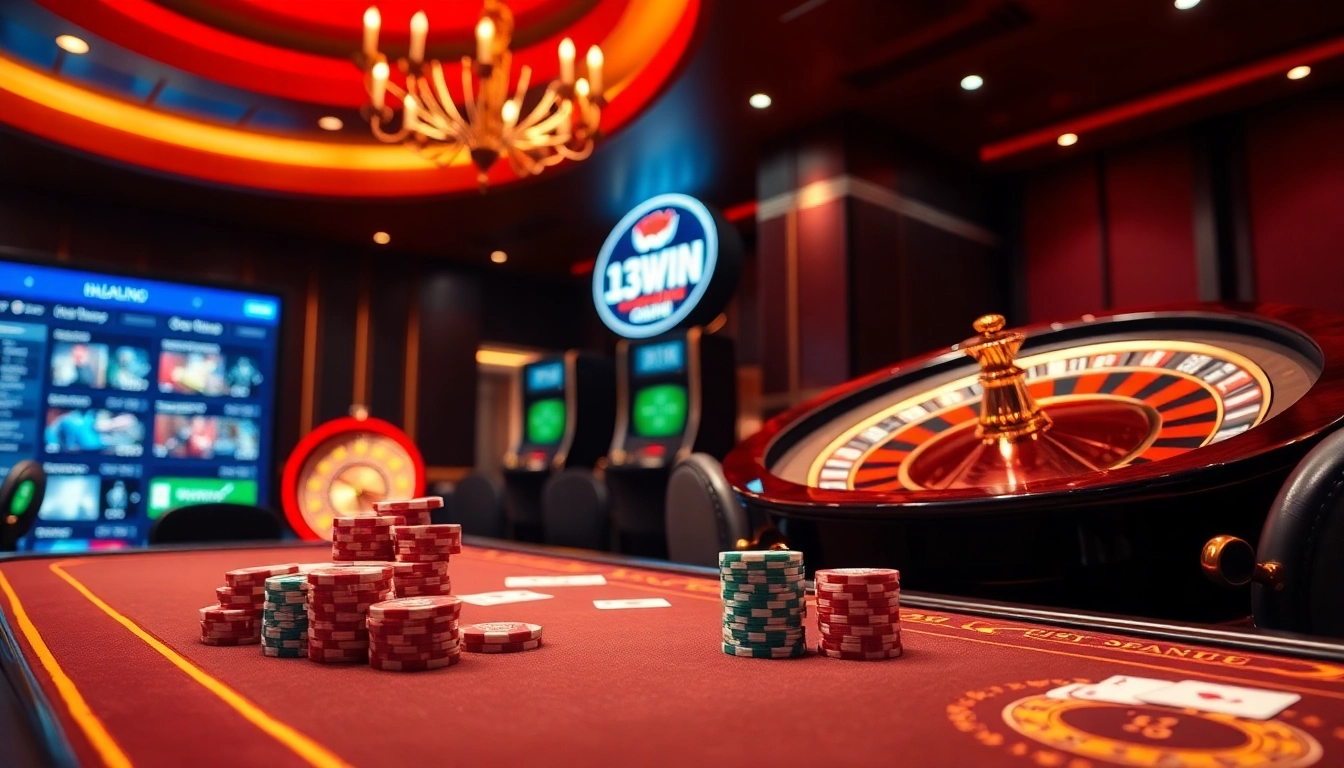 Engaging gambling scene highlighting a dynamic casino table at 13Win Com with poker chips and roulette wheel.