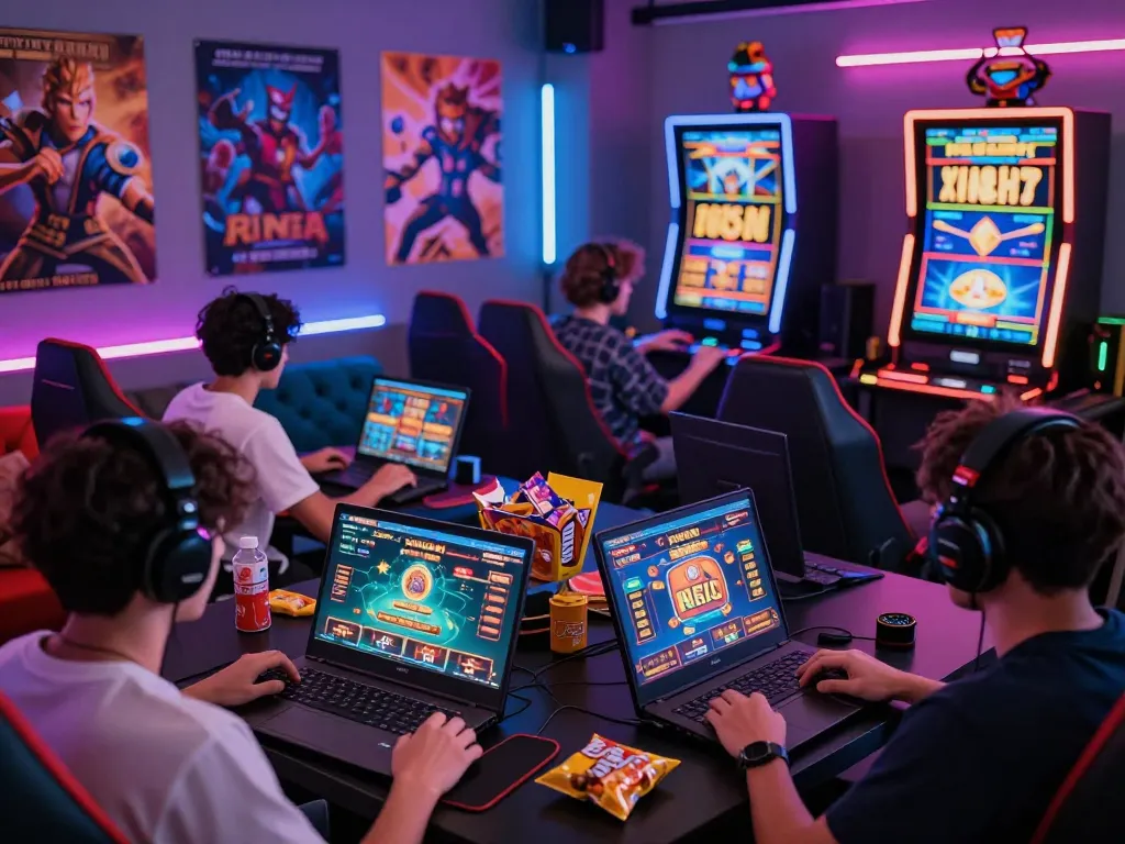 XIN88 online gaming excitement featuring diverse gamers engaged in thrilling casino games and interactive slots.