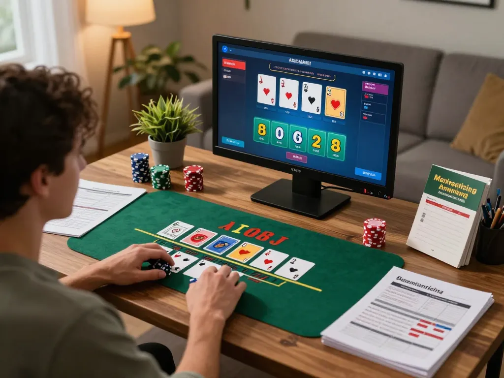 Player engaging in live blackjack at online casino https://vsc88.co/ with strategic documents in a cozy home office.
