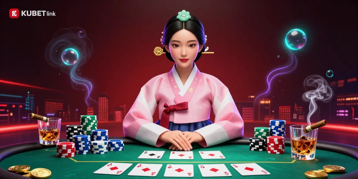 Experience the vibrant energy of KUBET link in this detailed illustration showcasing a casino scene filled with poker elements.