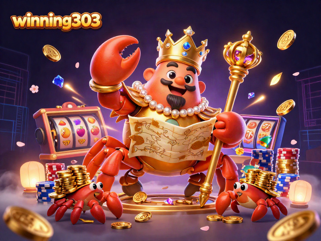 winning303 showcases a golden crab emperor in a bustling casino scene filled with coins, treasures, and excitement.