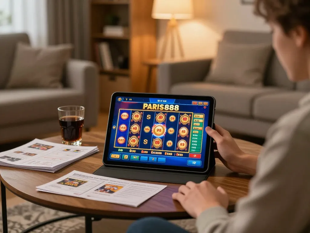 Engaging in Paris888 slot game online from the comfort of home, showcasing a cozy gaming setup.