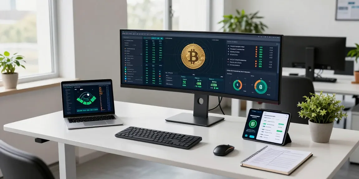 sustainable bitcoin mining in a modern office with energy metrics, blockchain analysis, and eco-friendly workspace elements