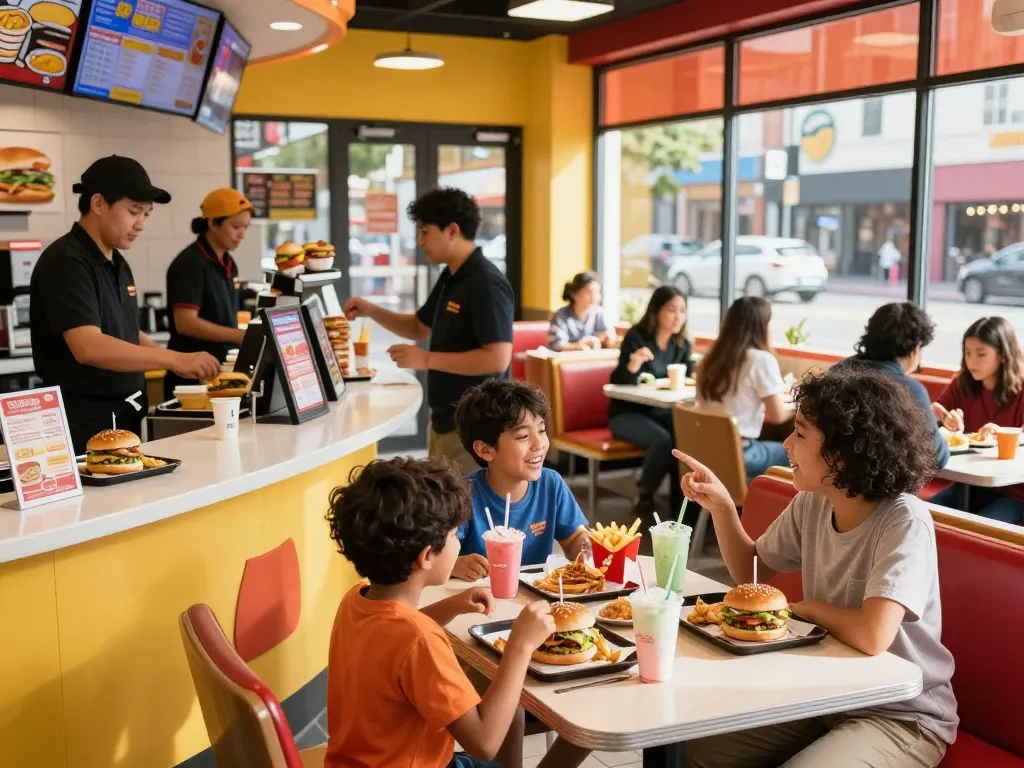 Fast food menu featuring burgers, fries, and drinks in a lively restaurant setting.