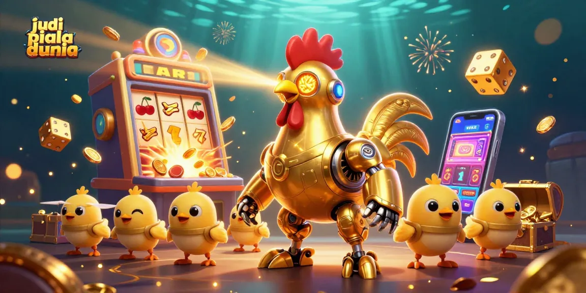 Engage in judi piala dunia with vibrant 3D illustration showcasing a golden rooster robot and dynamic casino elements.