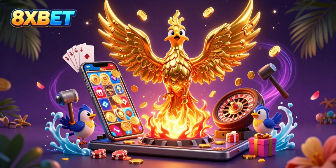 Play exciting casino games with 8XBET featuring a golden phoenix and vibrant gaming elements.