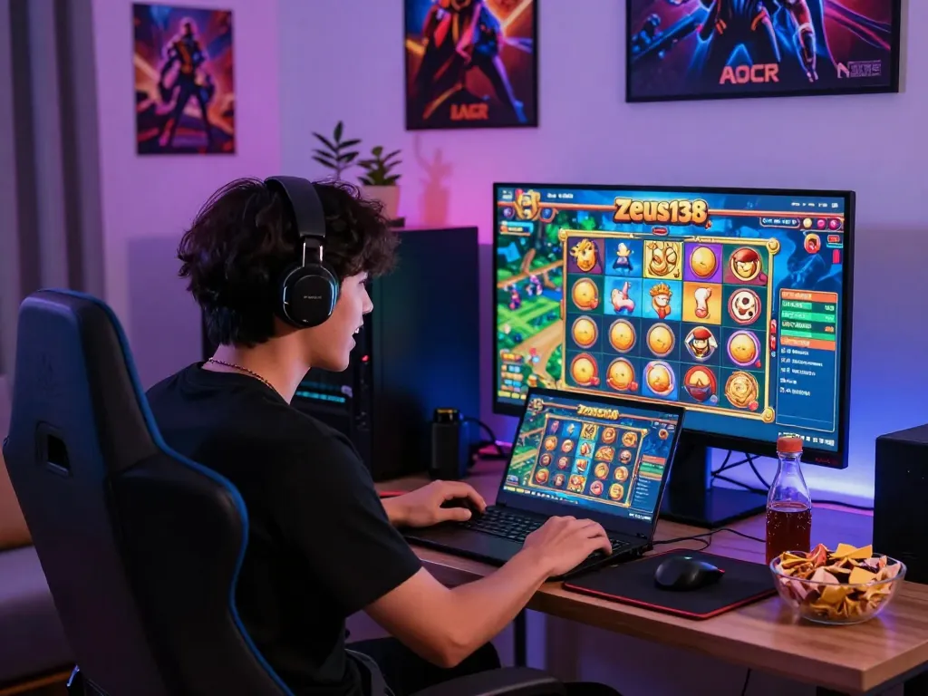 Player engaging with slot gacor games on Zeus138 platform in cozy living room setting.