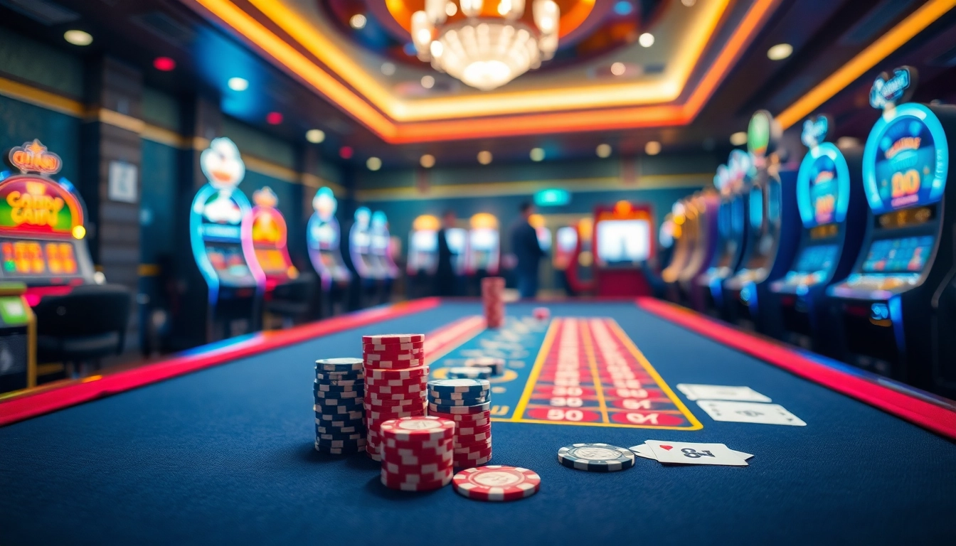 Experience thrilling gameplay at sky88 with illuminated casino tables and vibrant poker chips.
