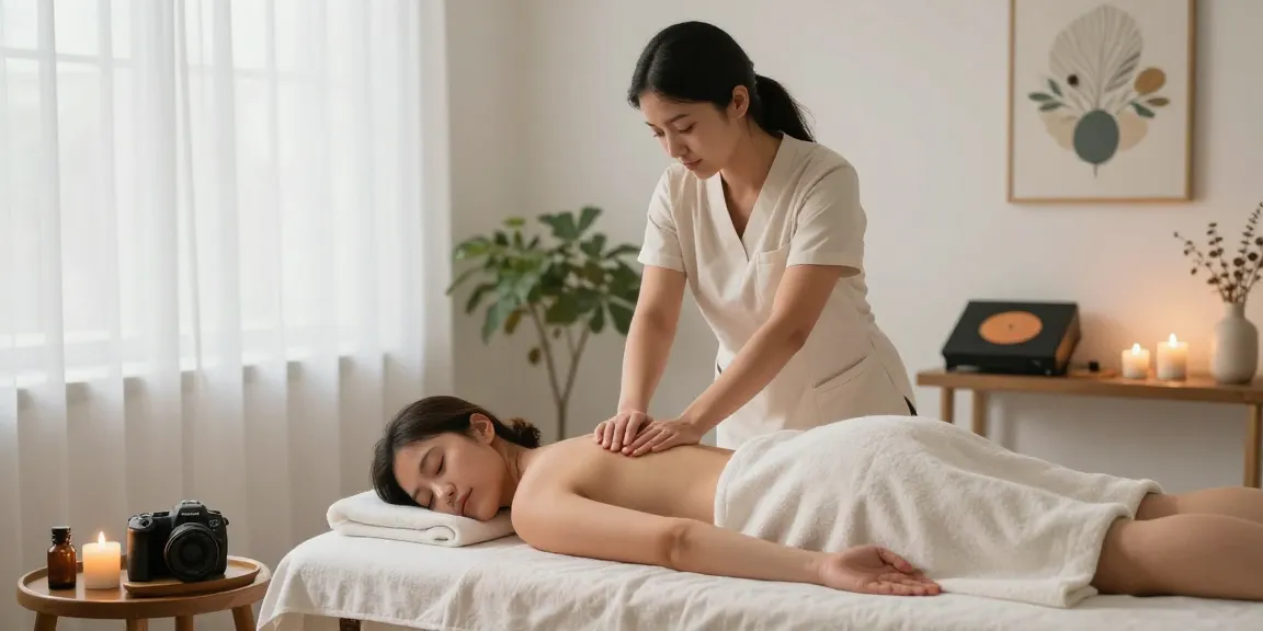 마사지 치료를 받고 있는 평화로운 스파 환경, 아로마 오일과 촛불이 있는 편안한 분위기.