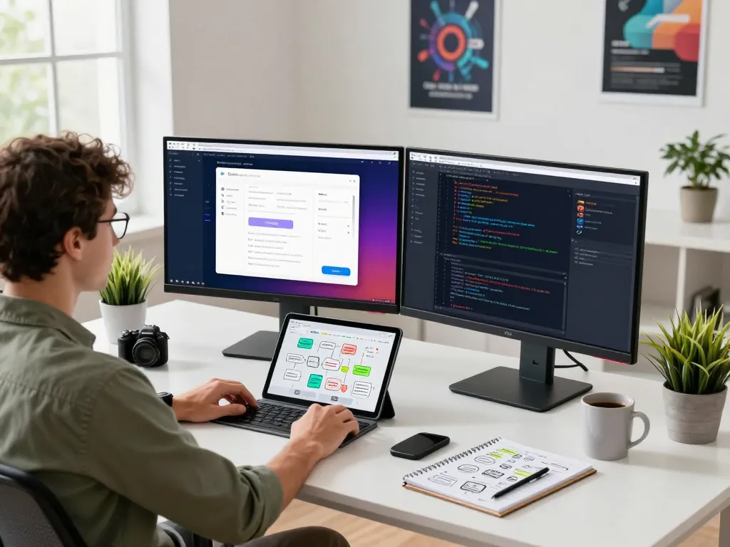 A developer using a no code app builder in a modern workspace with dual monitors and creative tools.