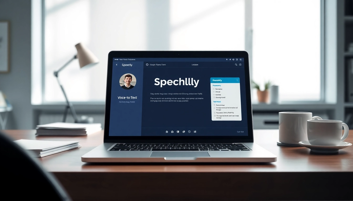 Engage with the Speechly app interface shown on a laptop in a modern workspace.