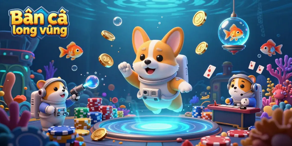 Bắn cá long vương experience with a floating astronaut corgi in an underwater casino, vibrant fish, and golden coins.