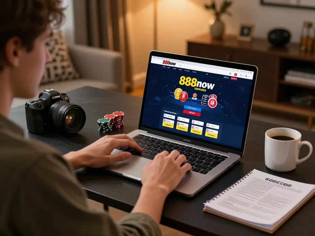Engaging with 888now com online poker interface at a cozy home desk.
