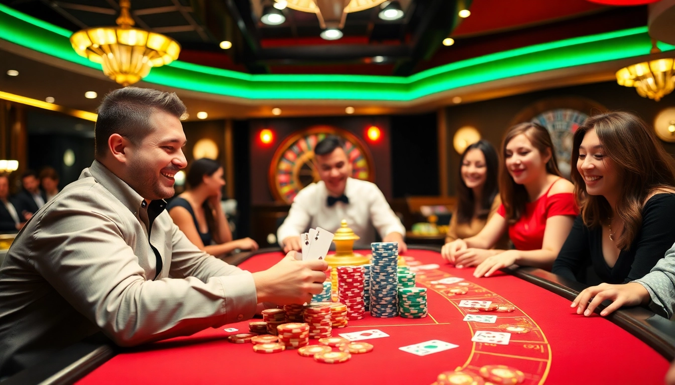 Players enjoying poker at a lively casino table showcasing 789bet's vibrant atmosphere.
