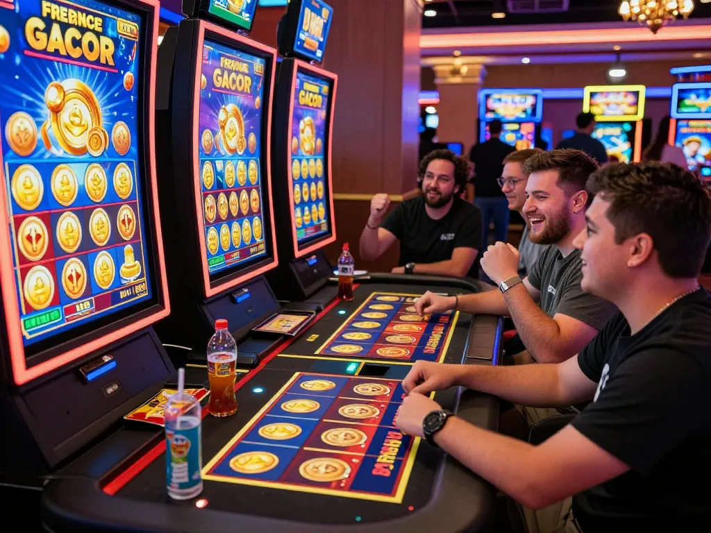 Pemain yang antusias berpartisipasi dalam permainan slot gacor di kasino online yang meriah.