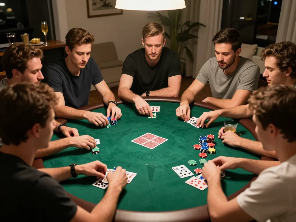 Friends enjoying a lively poker night at home, showcasing gambling strategies with LU88.