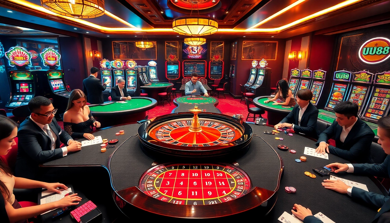 Exciting casino scene with players engaging at UU88 roulette and poker tables, showcasing luxury gaming.