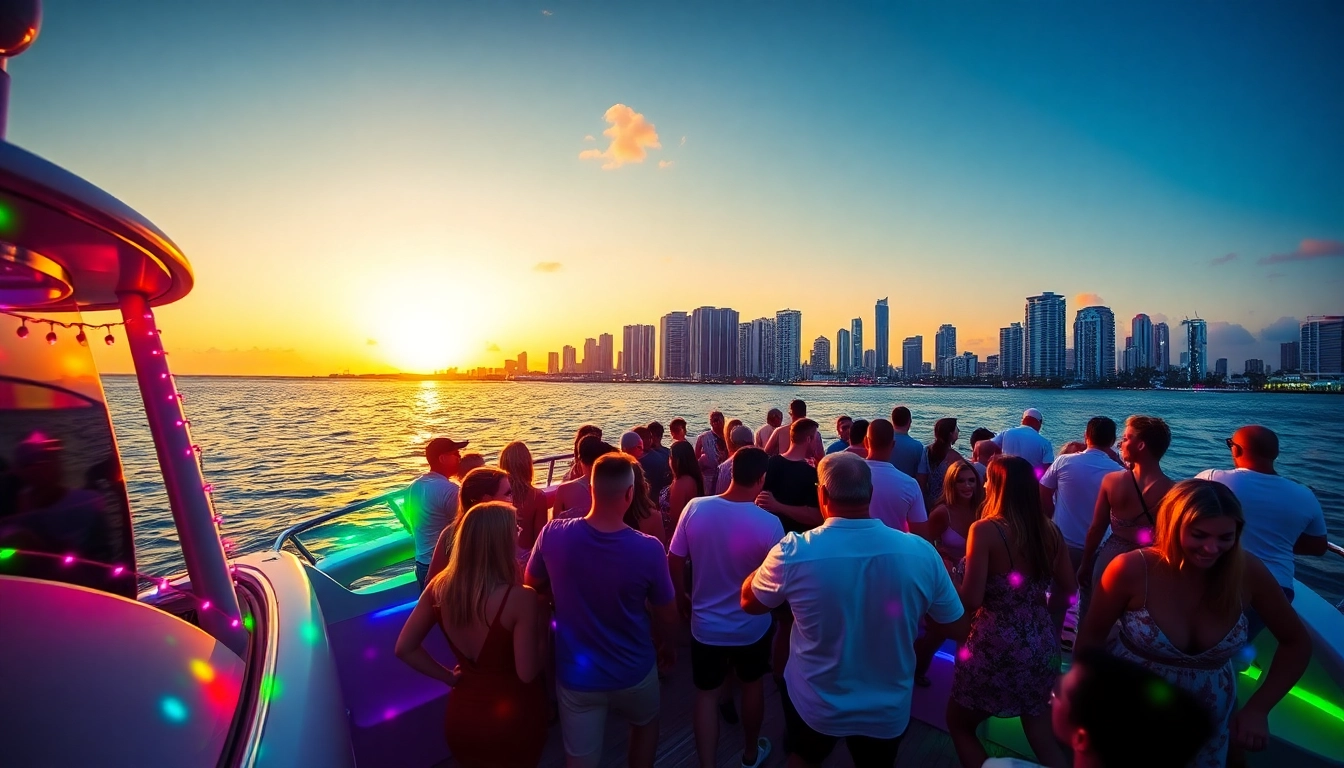 Experience a thrilling Boat party Miami with guests dancing and enjoying the skyline views.