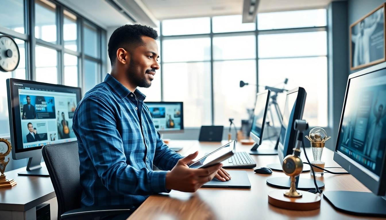 Dennis Wimberly, a visionary entrepreneur, working on web design projects in a modern office.