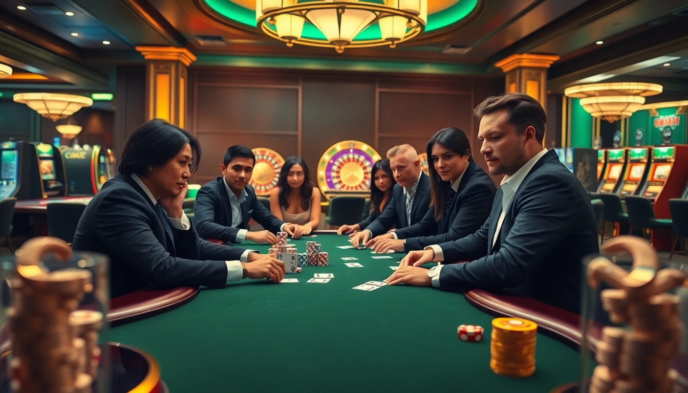 BDJL players strategizing at an elegant casino table with vibrant poker chips and dice.