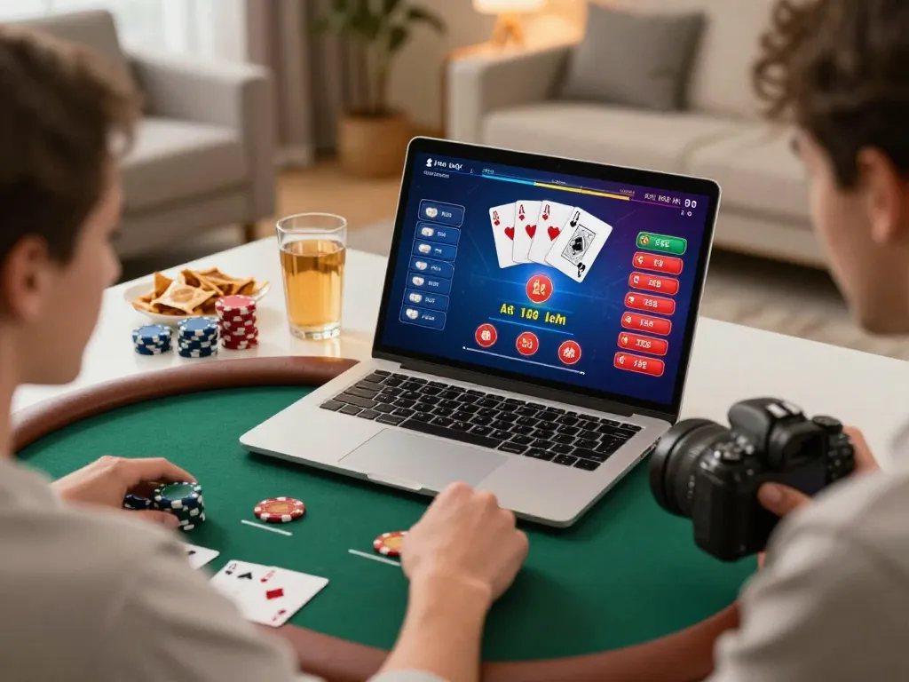 Engaging in online poker at home with a laptop, showcasing strategic gambling approach with 링크모음.