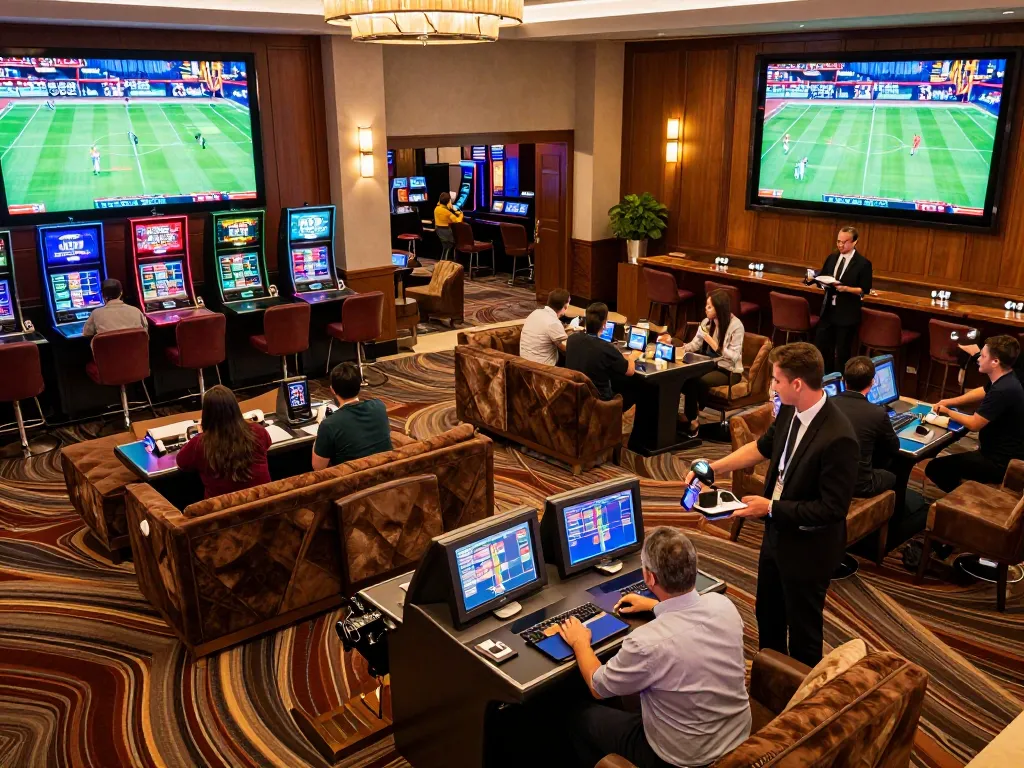 Engaging sports fans actively placing bets at MB66 casino's sports betting lounge.