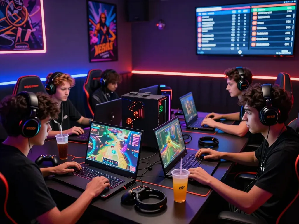 Exciting gamers at vegasslot77 engaged in competitive online play within a vibrant neon-lit gaming lounge.