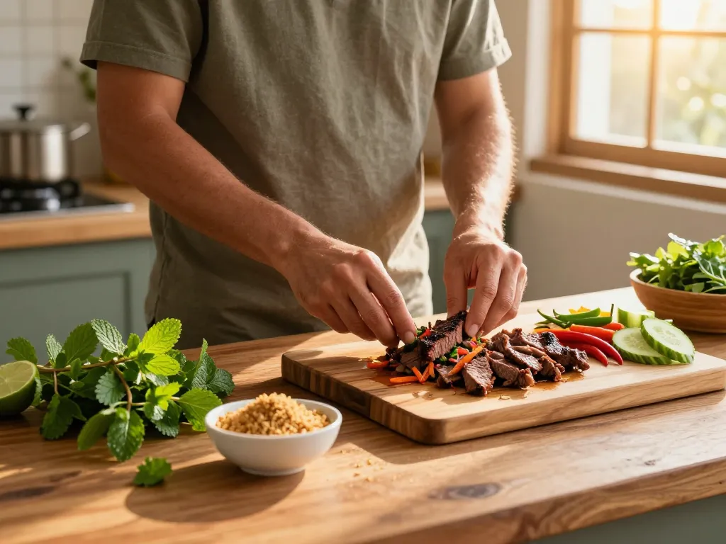 Delicious original beef larb recipe preparation featuring vibrant herbs and grilled beef.